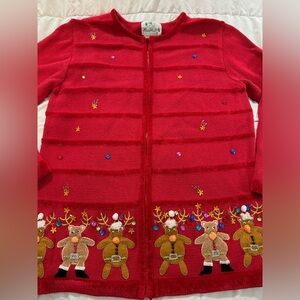Quacker Factory VTG ZipUp Reindeer Cardigan Sweater Ugly Christmas Grannycore SM